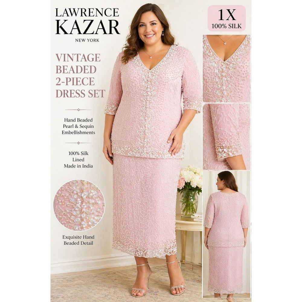 VTG Laurence Kazar 1X Beaded Pearl/Sequin Formal Evening 100% Silk 2PC Set Pink